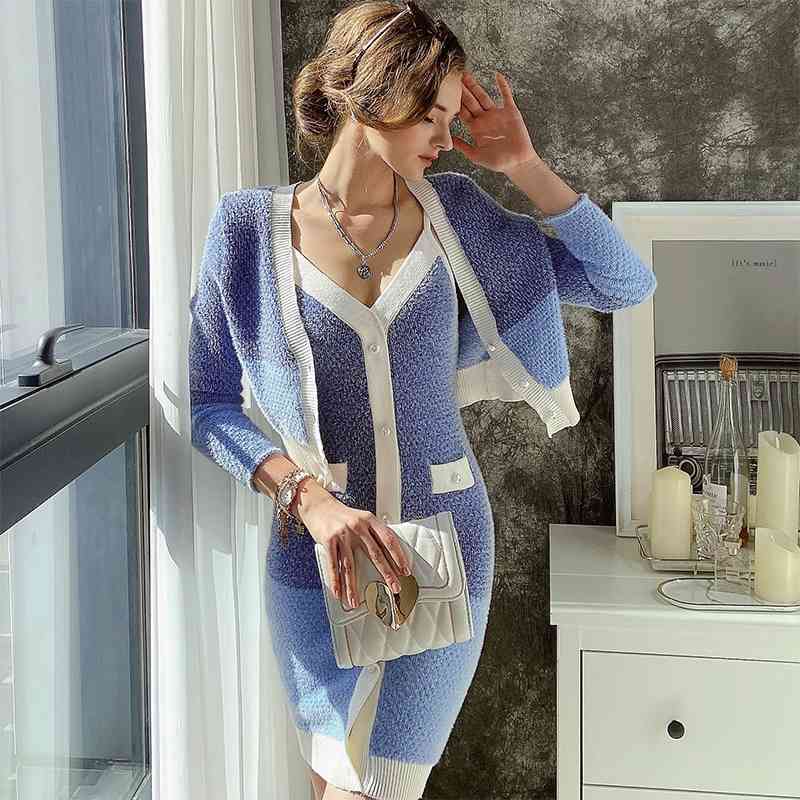 Dabuwawa Elegant Print Two Piece Set Knit Dress Women V-Neck Street Style Spring Autumn Cardigan Coat 2PCS Female DO1ASA002 210520