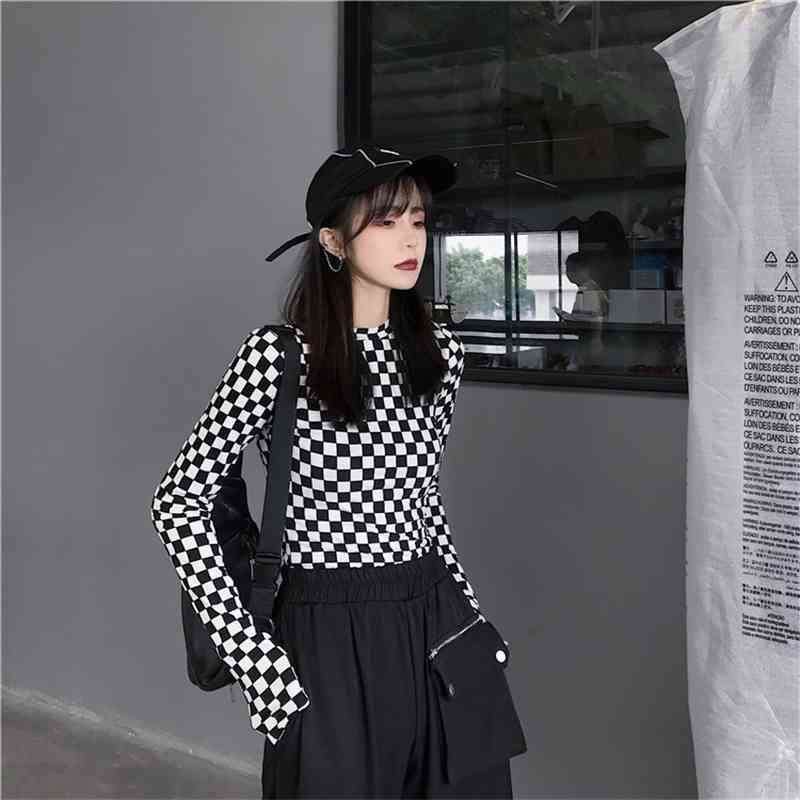 Black & White Checkered Mesh Long Sleeve Mock Neck Cropped Top Women's T-shirts Altgirl Outfit / 210406