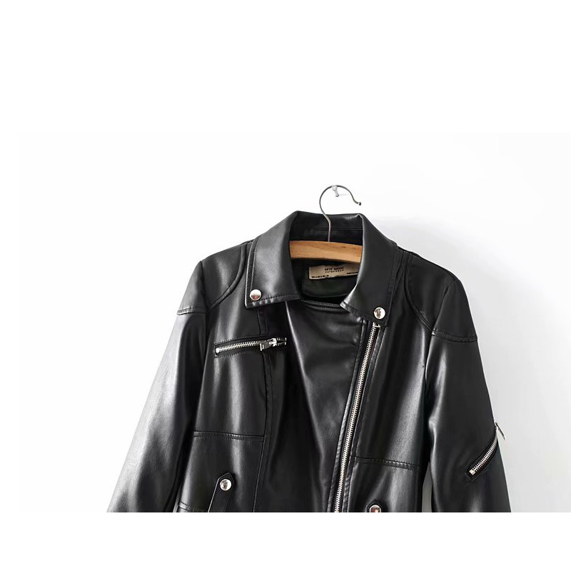 Elegant women's autumn irregular locomotive pu leather short jacket long sleeve black color female jacket 210507