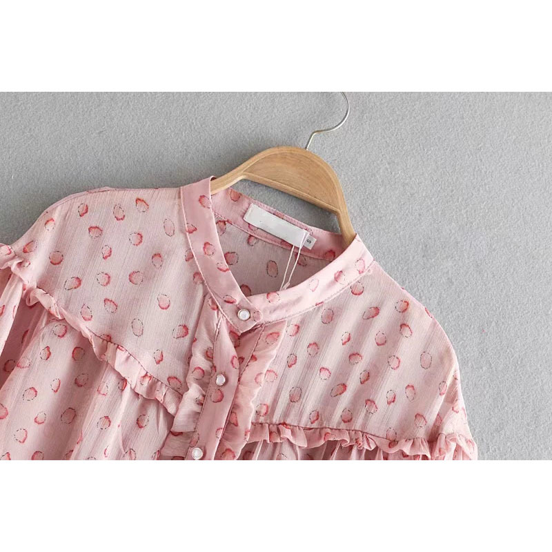 Sweet Small Fruit Print Ruffles Silk Blouse Spring Summer Cute Girls Stand Shirts Long Sleeve Casual Female Blusas 210520