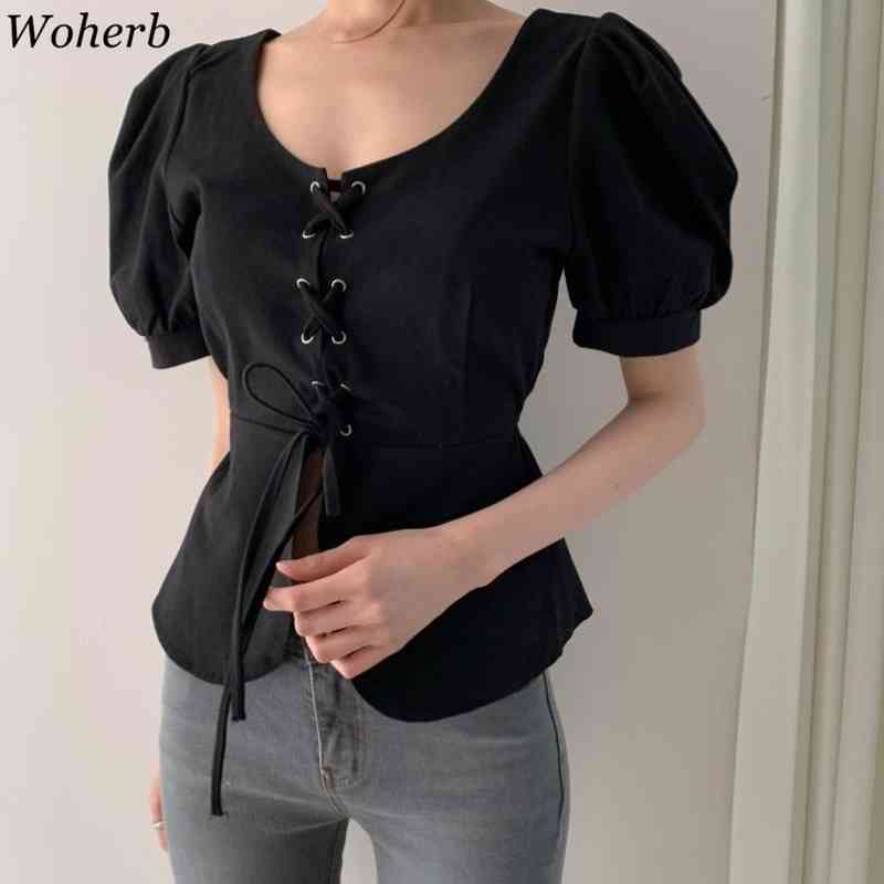 Lace-up O-neck Blouse Women's Summer Slim Fit All-match Puff Short Sleeve Shirts Korean Temperament Solid Color Tops 210519