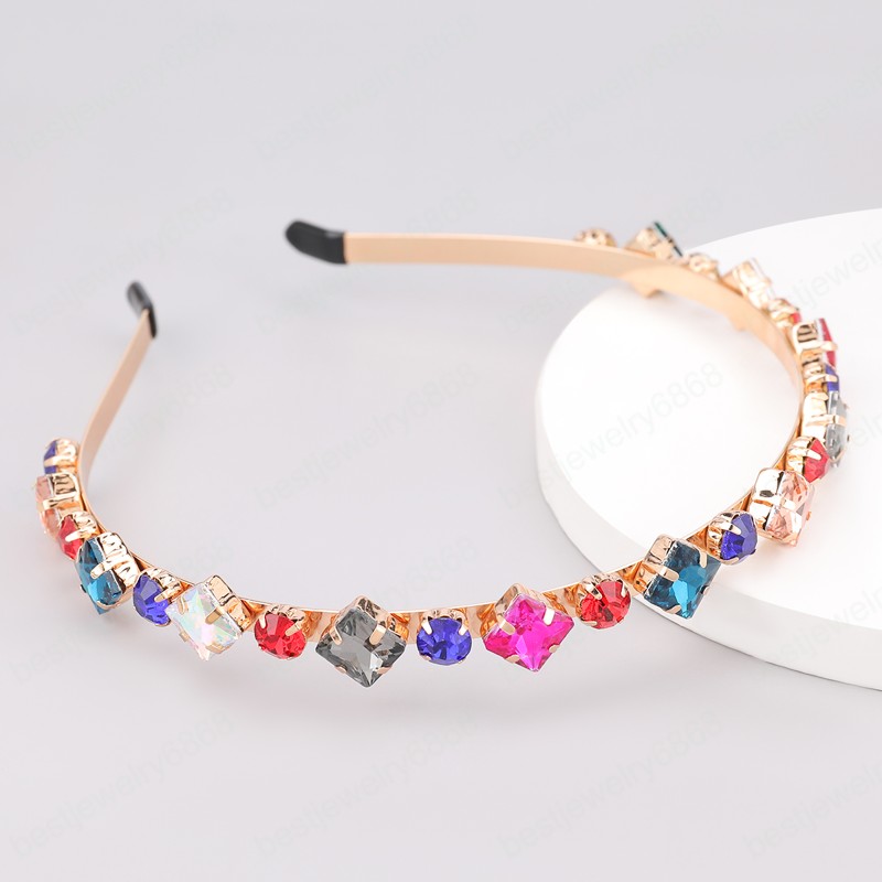 2021 Fashion Sparkling Alloy Square Round Rhinestone Geometric Headband Party Girl Hair Accessories