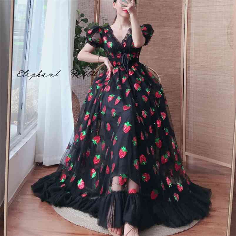 Plus size 5XL Women Black Pink Strawberry Sequined Dress v-neck Sweet Elegant Evening Party Formal Classy Maxi 210623