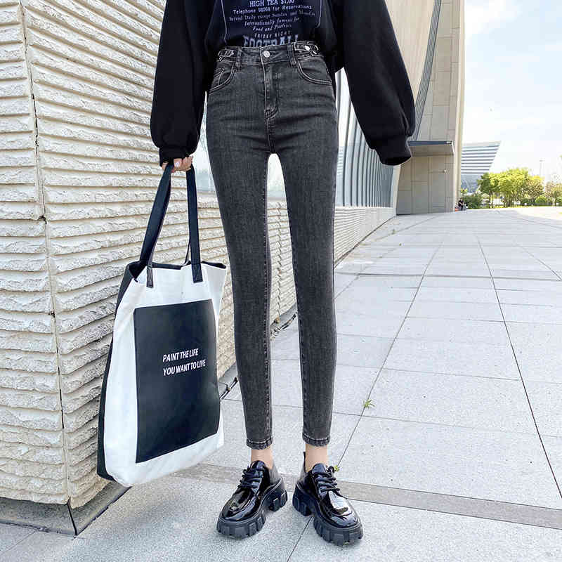 Autumn Allmatch Clothes with Gray Blue High Waist Jeans Skinny Woman Streetwear Denim Trousers Vintage 10732 210518