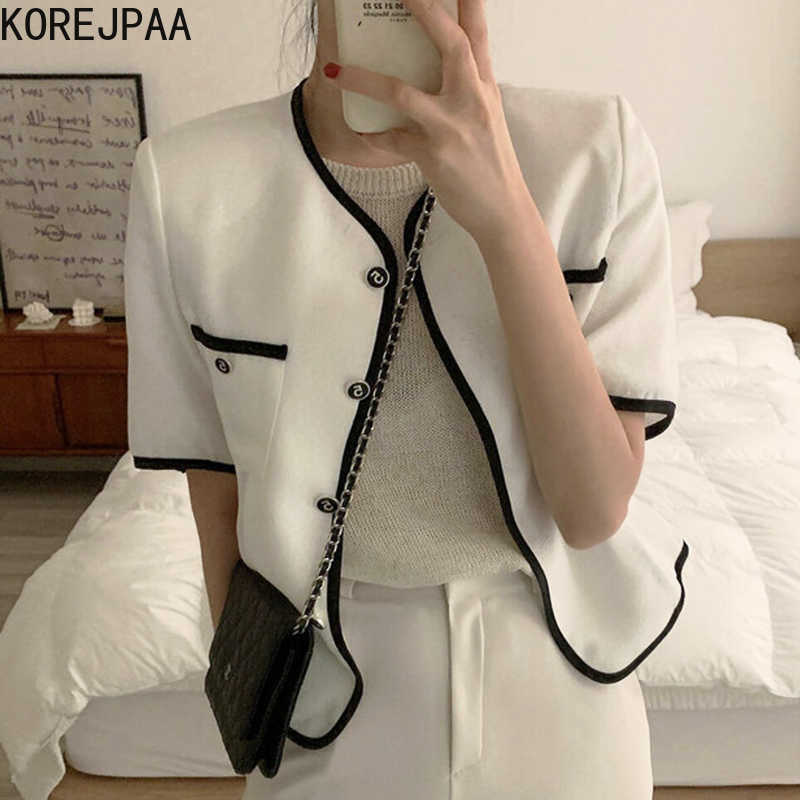 Korejpaa Women Jackets Summer French Retro Round Neck Contrast Color Edging Chic Single-Breasted Pocket Short-Sleeved Coat 210526, Black 
Korejpaa Women Jackets Summer French Retro Round Neck Contrast Color Edging Chic Single-Breasted Pocket Short-Sleeved Coat 210526, Black