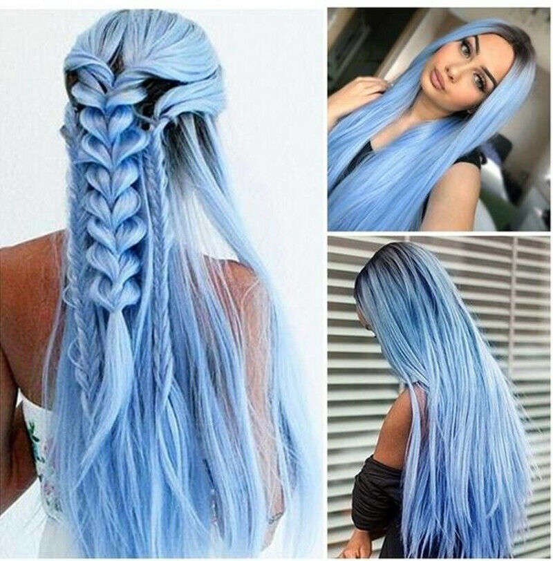28'' Synthetic Hair Wig Long Straight Wigs Heat Safe Ombre Mint Blue Synthetic