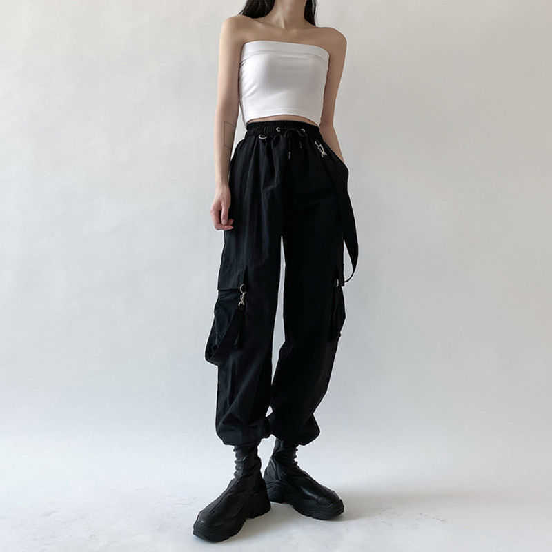 

QWEEK Goth Cargo Pant Punk Plus Size Capris Harajuku High Waist Oversize Detachable Strap Casual Trousers Emo 210608, Black