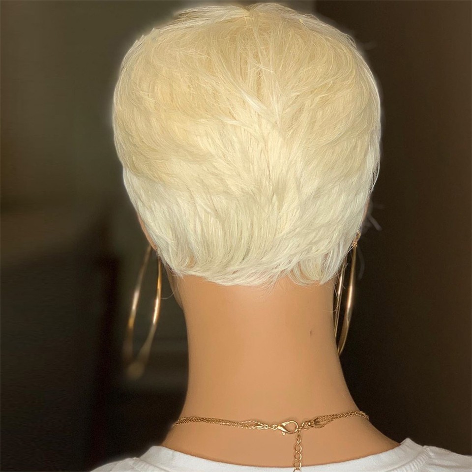 Honey Blonde Color Wavy Short Bob Wig With Bangs Pixie Cut No Lace Front Indian Human Hair Wigs For Women