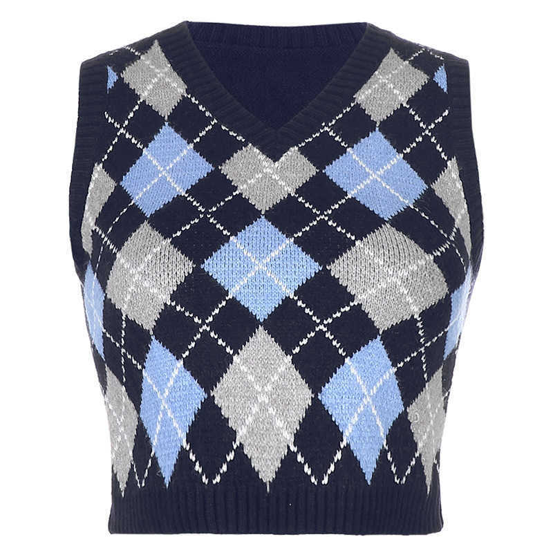 Colete Feminino Summer Women est Sleeveless V-neck Plaid Knitted Vest for Teens Girls Casual Crew Neck Tops Veste Sans Manche 210604