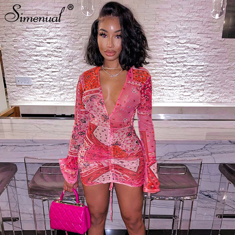 Simenual Deep V Neck Paisley Print Party Dresses Drawstring Mesh Flare Long Sleeve Transparent Club Outfit For Women Mini Dress, Red 
Simenual Deep V Neck Paisley Print Party Dresses Drawstring Mesh Flare Long Sleeve Transparent Club Outfit For Women Mini Dress, Red