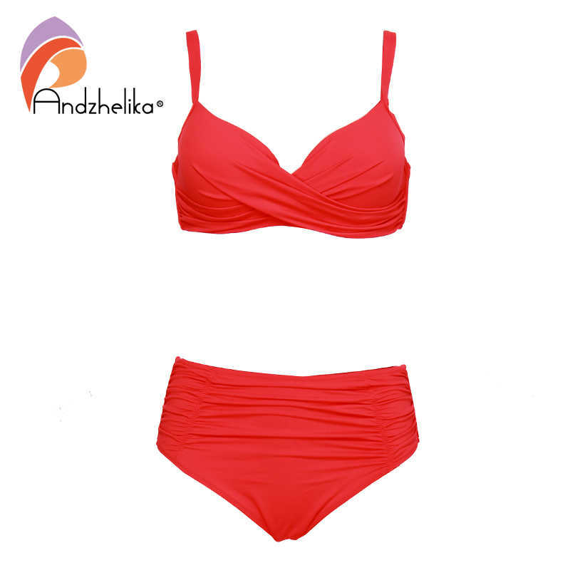 Andzhelika Bikinis Women Solid Fold Swimsuit High Waist Set Summer Sexy Plus Size Swimwear Bathing Suit Biquini 210611