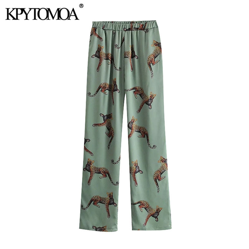 Women Fashion Animal Print Loose Button-up Blouses High Elastic Waist Ankle Trousers Female Sets Mujer 210420