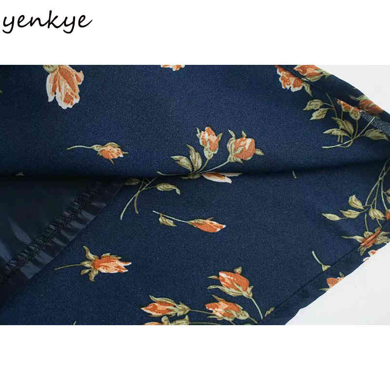 YENKYE Chiffon Summer Dress Women Vintage Prairie Chic Floral Print Dress Female V Neck Sexy Hem Slits A-line Midi Robe Femme 210515
