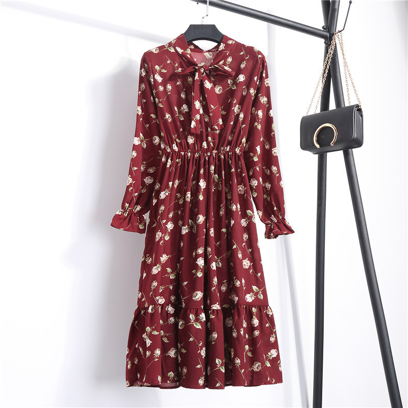 Spring Summer Chiffon Dress Women Casual Midi Bow Vintage Floral Print Dresses Sundress Vestidos Dropshiping 210514