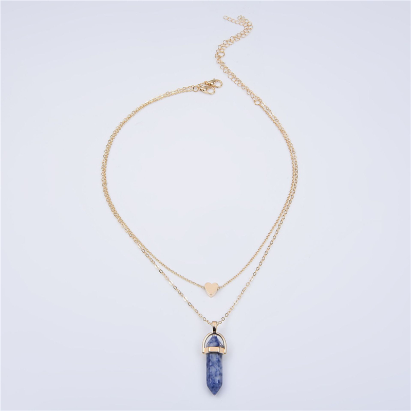 Natural Stones Heart Necklace Fashion Crystal Quartz Chakra Bullet Hexagonal Prism Point Healing Pendant Necklaces Double Layer Gold Chain for Women P