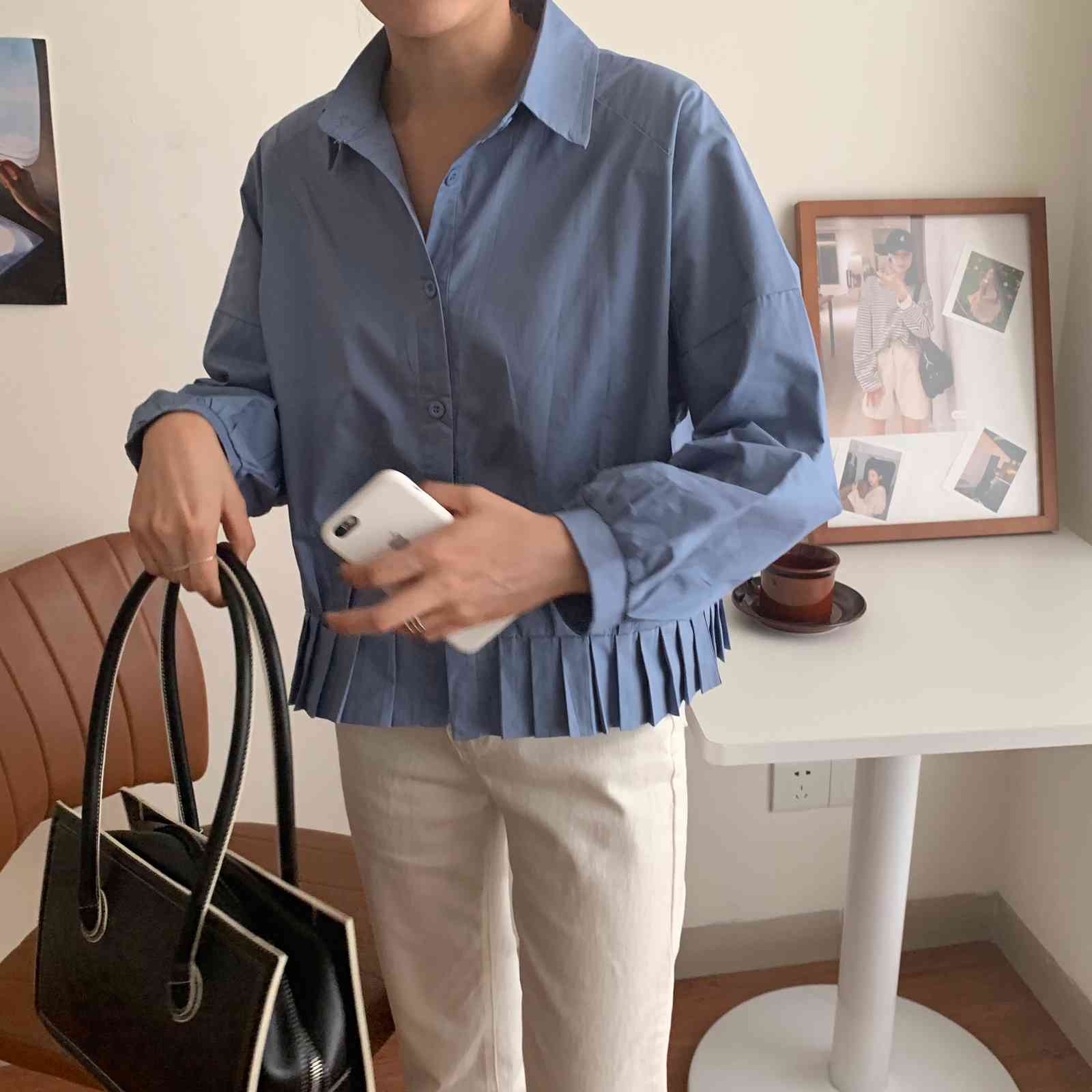 Blue Solid All Match Streetwear Clothe Fashion High Waist Casual OL Girls Tops Oversize Chic Loose Femme Shirts 210421