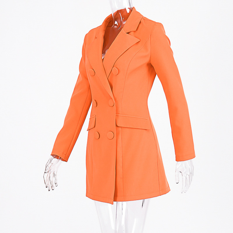 NewAsia Orange Blazer Dres Sexy Notched Pocket Long Elegant Office Ladies Double Breasted Autumn Dress Jacket 210413