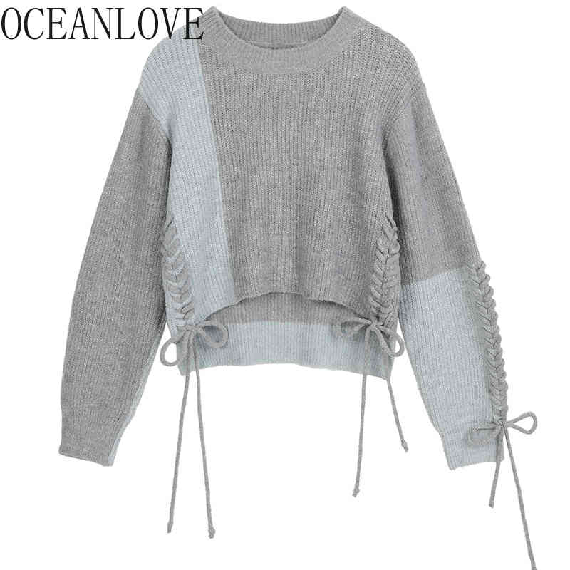 Bandage Streetwear Sweaters Women Tops Vintage Contrast Color Bow Pullovers Fashion Ropa Mujer Korean Clothing 19615 210415