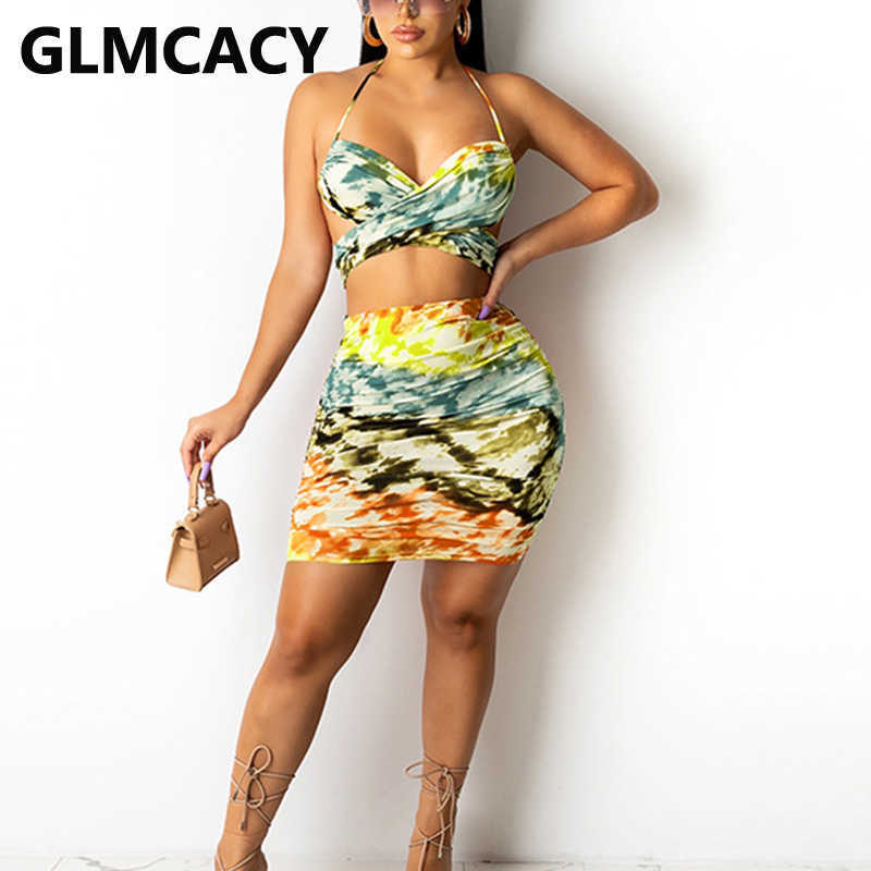 Two Piece Abstract Printed Dress Suits Spaghetti Strap Crop Top & Mini Skirt Set 210702