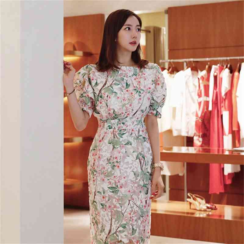 Arrival Fashion Bodycon Dress Women Elegant Office Lady Summer Sexy Lace Flowers Puff Sleeve Temperament pencil 210519