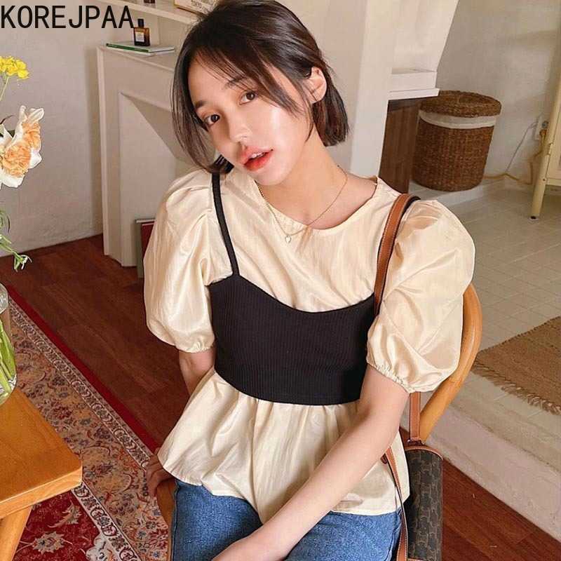 Korejpaa Women Blouses Summer Korean Round Collar Micro-bubble Bubble Sleeve Shirt and Simple Sling Knitted Vest Suit Top 210526, Shirt and suspenders
Korejpaa Women Blouses Summer Korean Round Collar Micro-bubble Bubble Sleeve Shirt and Simple Sling Knitted Vest Suit Top 210526, Shirt and suspenders