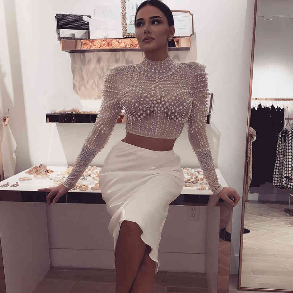 Summer Women 2 Two Pieces Sets Bodycon Long Sleeve Beading Club Wear Celebrity Party Vestidos 210423