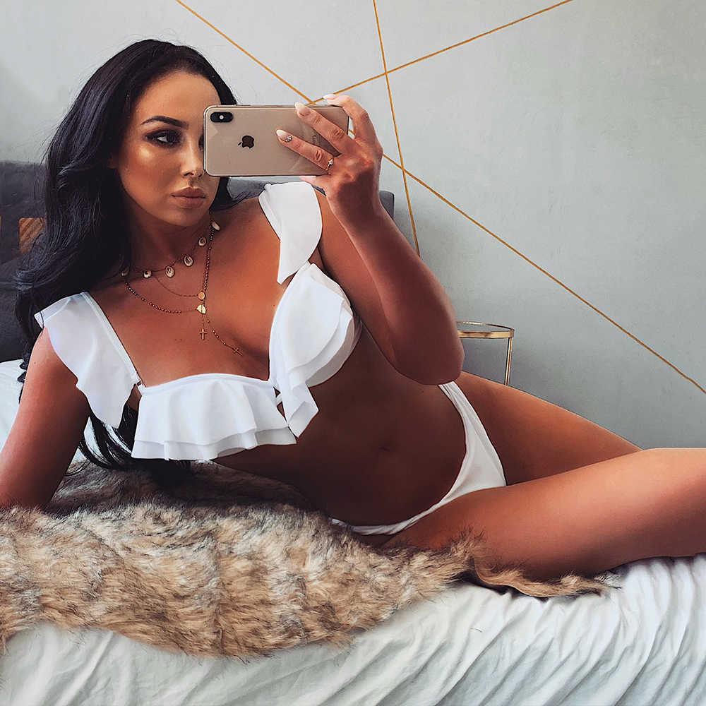 Two Piece Swimwear Women Bikini Yellow Swimsuit Solid Set Ruffle Biquini Tropical Beach Wear Summer Bathing Suit 210625