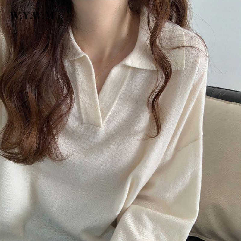 WYWM Autumn Thin Knitted Sweater Women Vintage Polo Collar Long Sleeve Streetwear Pullover Korean Casual V-neck Female Clothing 211018
