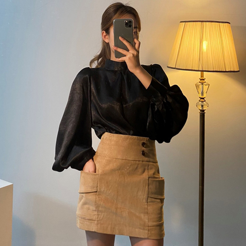Elegant Shirt Spring Femme Casual Tops Women Long Puff Sleeve Satin Silk Blouse Girls Korean Office Blouses Solid Blusas 210519