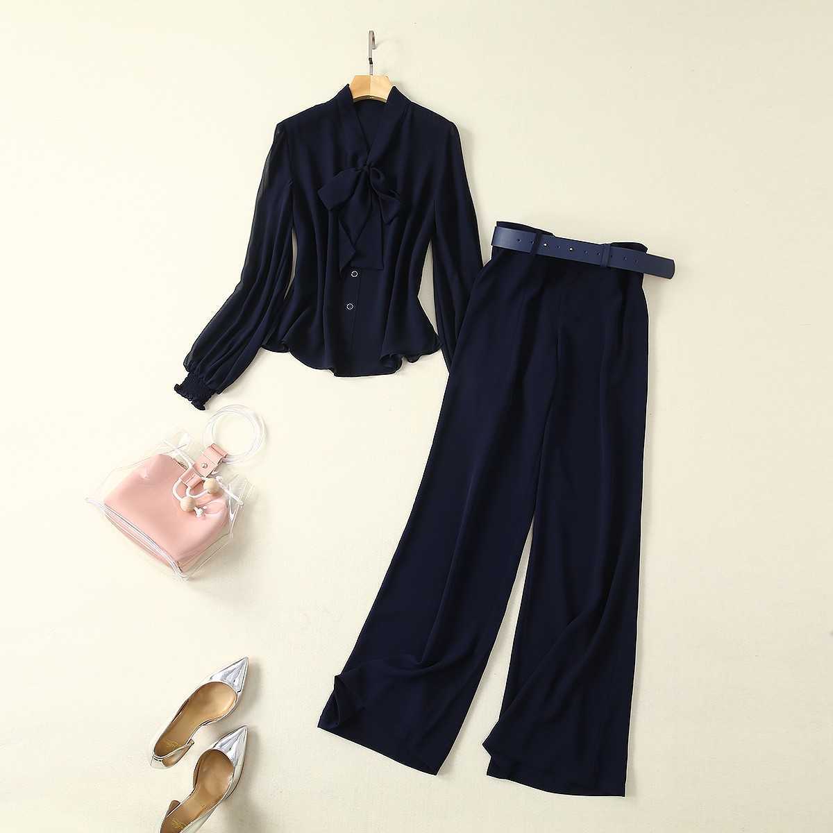 HIGH QUALITY est Fashion Women's Elegant Bow Collar Lantern Sleeve Solid Shirt Tops And Wide Leg Belt Pants Suit Sets 210526, Black
HIGH QUALITY est Fashion Women's Elegant Bow Collar Lantern Sleeve Solid Shirt Tops And Wide Leg Belt Pants Suit Sets 210526, Black
