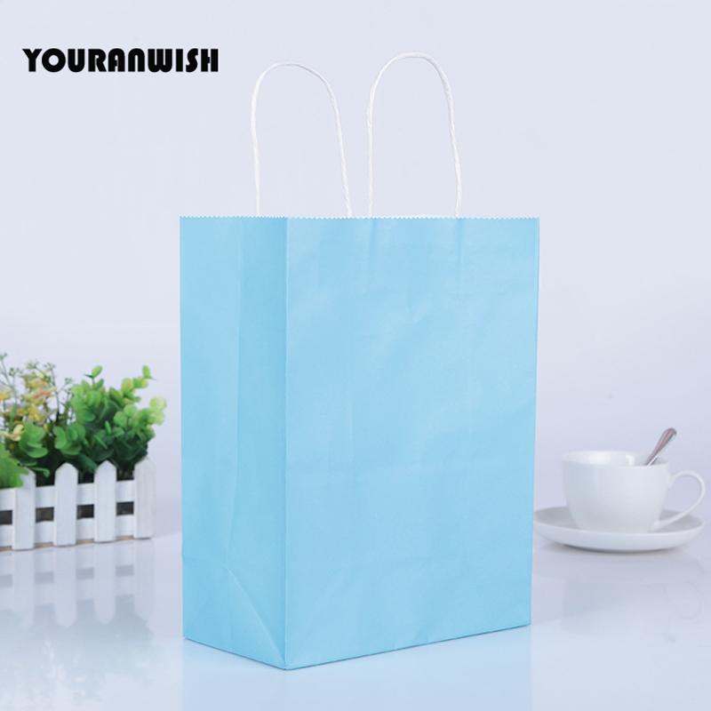 Gift Wrap 20pcs/lot White Pink Purple Sky Blue Coffee Kraft Paper Bag With Handle Wedding Birthday Party Package Bags