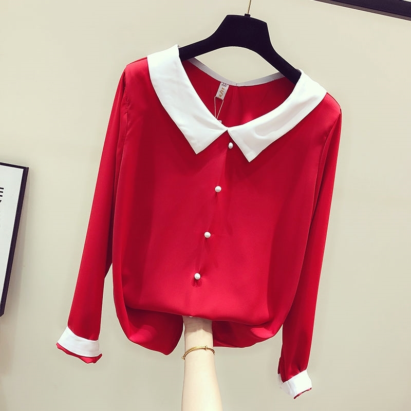 Spring Korea Fashion Women Long Sleeve Chiffon Shirt Preppy Style Peter Pan Collar Patchwork Loose Shirts Female Blouses D185 210512
