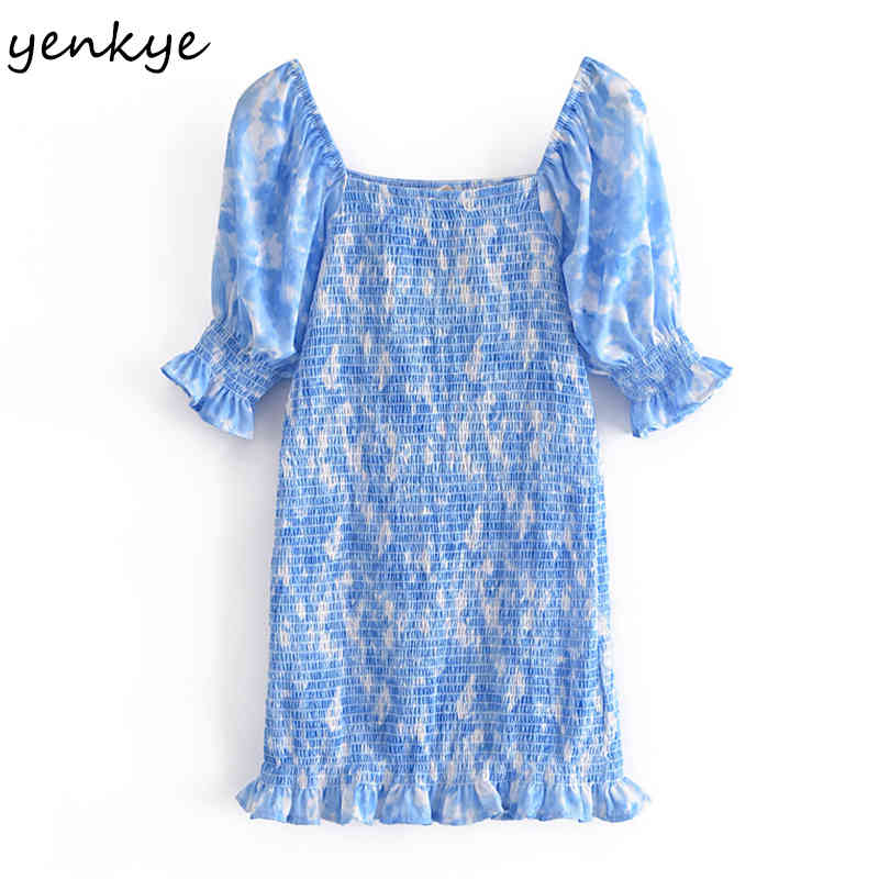 YENKYE Blue Tie Dye Elastic Dress Women Puff Sleeve Square Neck Sexy Bodycon Mini Dress Female Party Summer Vestido 210515