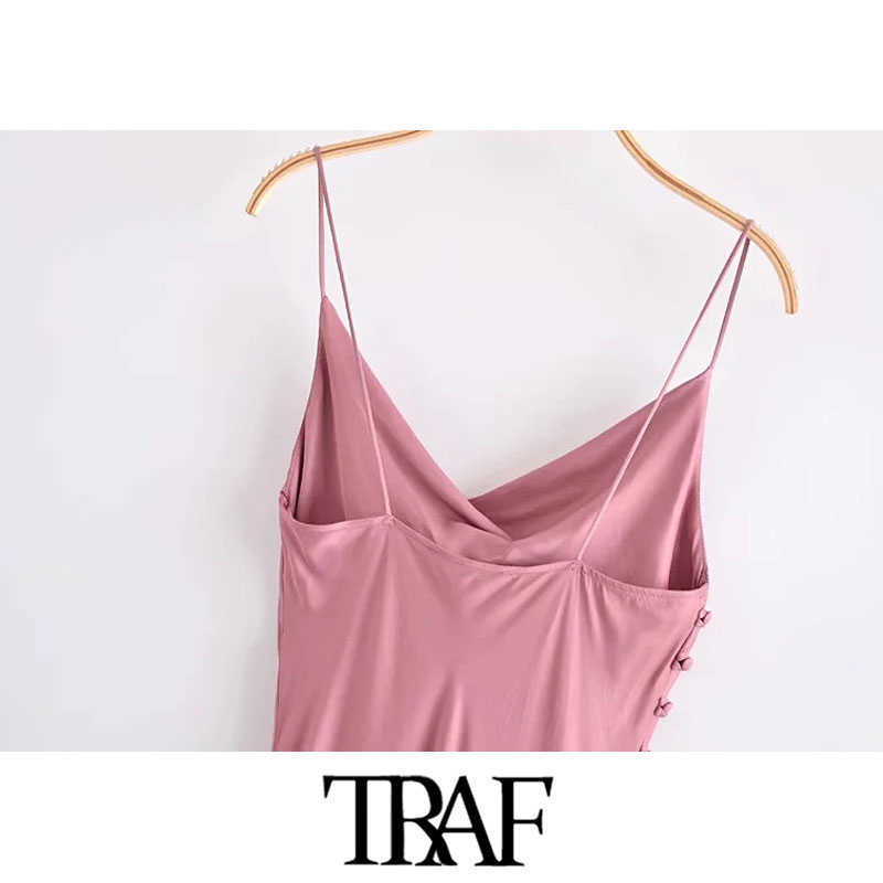 TRAF Women Chic Fashion With Buttons Side Slit Midi Camisole Dress Vintage Backless Thin Straps Female Dresses Mujer 210630