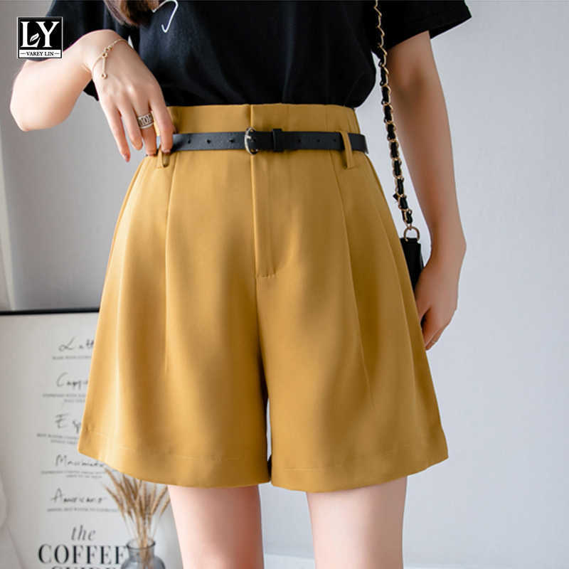 LY VAREY LIN Spring Summer Casual Female Wide Leg Loose Streetwear Shorts Women High Waist Solid Color with Belt 210526