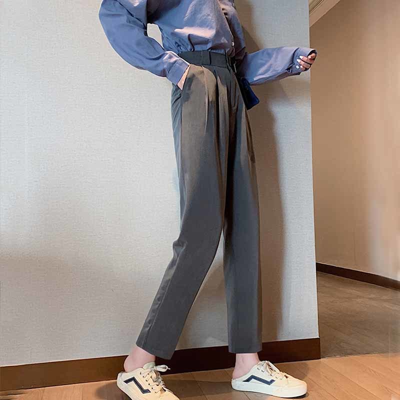 Spring Autumn Thin Solid Black Trouser Korean OL Women Suit Pants Button Plus Size Professional Straight Loose 12110 210508