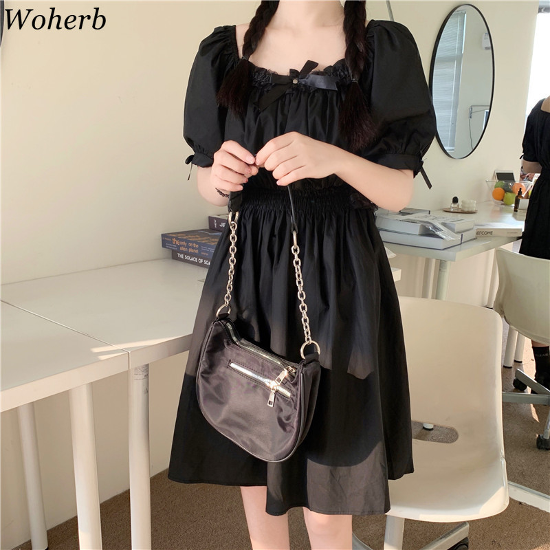 Kawaii White Black Dress Chic Korean Summer Women Mid-length Dresses Lace-up Slim Waist Elegant A-line Vestidos Femme 210519