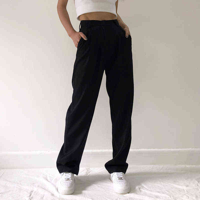 Fashion Straight Suit Women Pants High Waist Casual Office Lady Full Length Wide Leg Loose Female Black Mom Trousers 211124