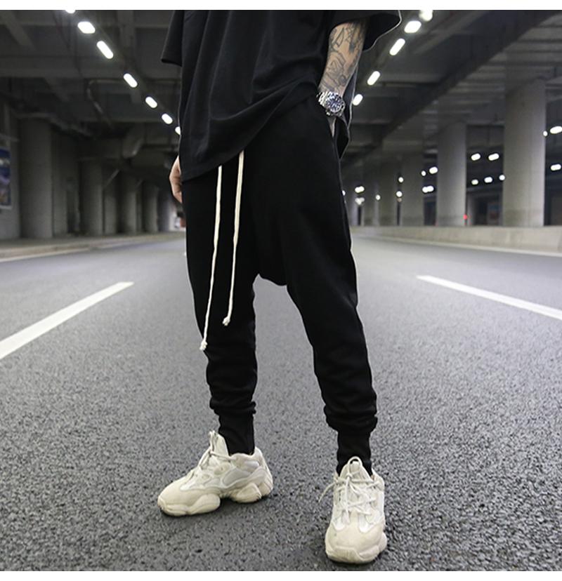 Dark Style Classic All-match Suspending Crotch Leggings Trousers Trendy With The Same Paragraph Terry Cotton Black Casual Pants Men's