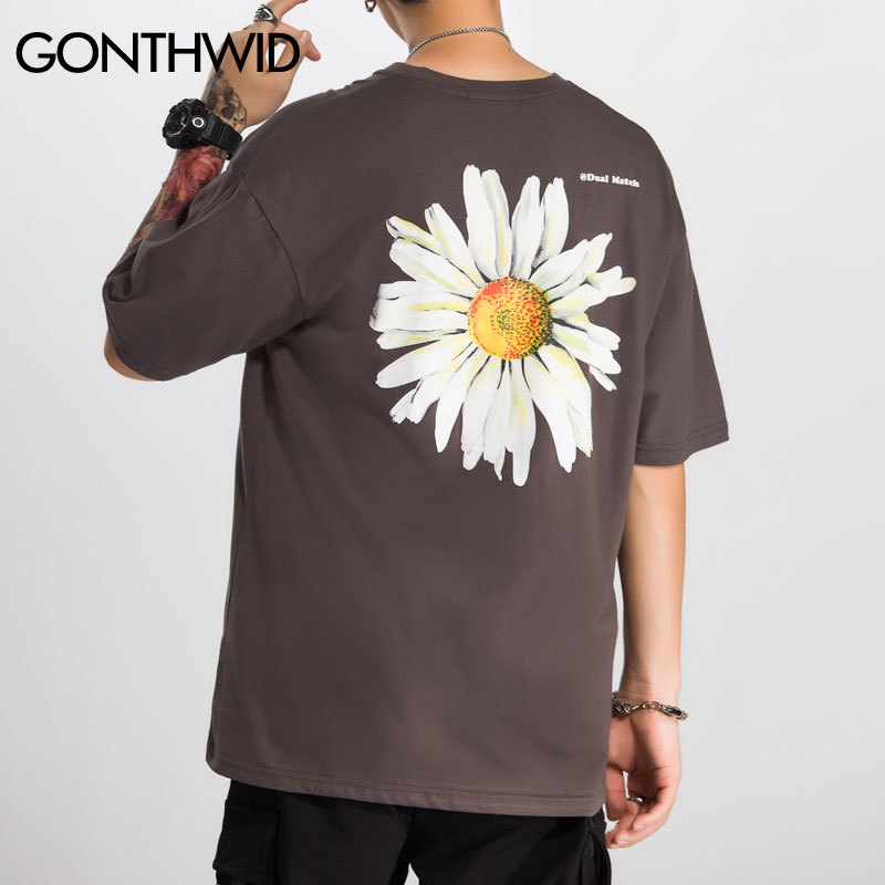 GONTHWID Harajuku Daisy Flower Print Tshirts Casual Streetwear Short Sleeve Tops Tees Men Hip Hop Fashion Summer T Shirts Male 210329