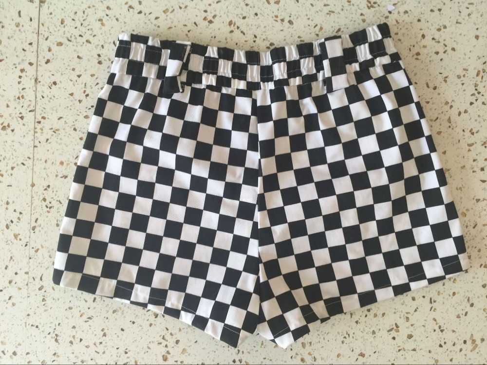 Black White Plaid High Waisted Cargo Shorts Women Metal Straight Shorts Femme Summer Casual Punk Streetwear Cortos Mujer S-2XL 210611