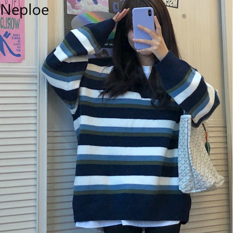Neploe Preppy Style Knitted Pullovers Coat Chic Vintage Sweaters for Women Thicked All-match Striped Jumper Oversized Outwear 210422