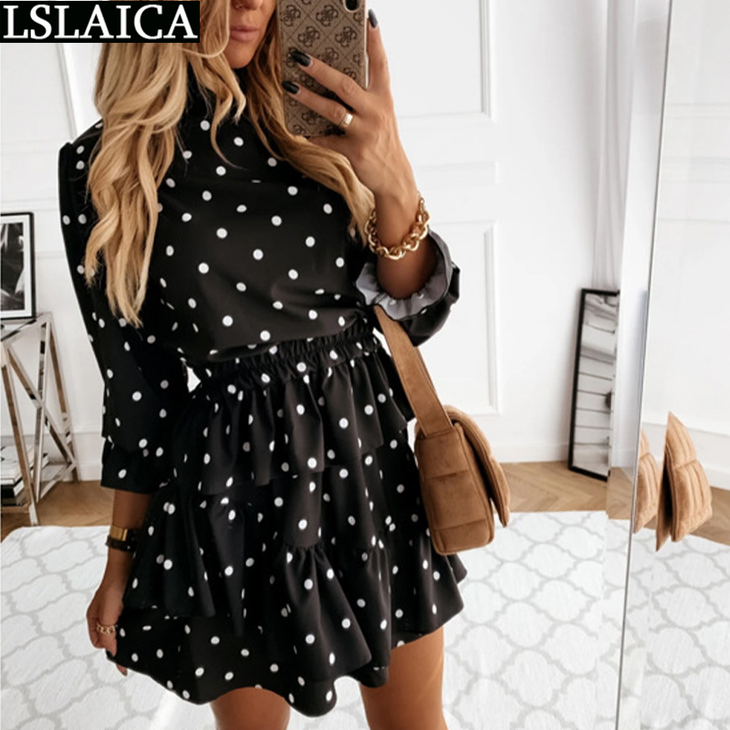 Dresses for Women Polka Dot Print Ruffle Woman Dress Fashion Streetwear Sale Party Long Sleeve Mini Vestido De Mujer 210515