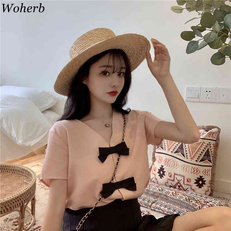 T Shirt Women Spring Summer Bow Patch Korean Fashion Solid Short Sleeve Pink T-shirts Sweet Tops Ropa Mujer 210519