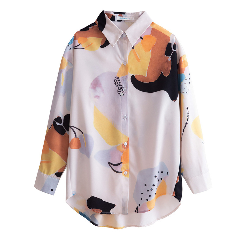 Autumn Chiffon Flower Print Shirt Women's Plus Size Ladies Tops Office Loose Long-Sleeve Cardigan Women Blouse 11128 210427