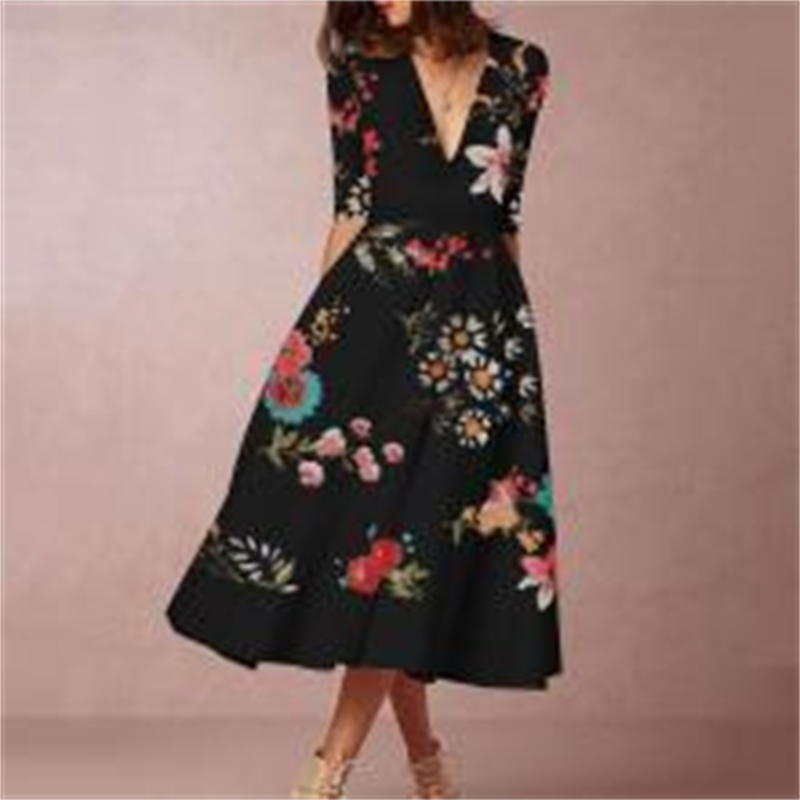 Women Dress V Neck Half Sleeve Printed Bohemian High Waisted Large Hem Long es Plus Size Vintage es 210513