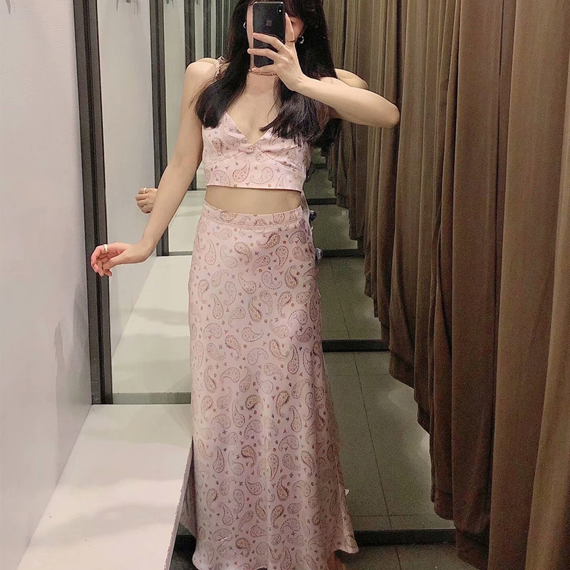 Women 2 Pieces Set Printed Copped Camisole and Midi Skirts Suit Fashion Casual Chic Lady Woman Tops & suit 210517