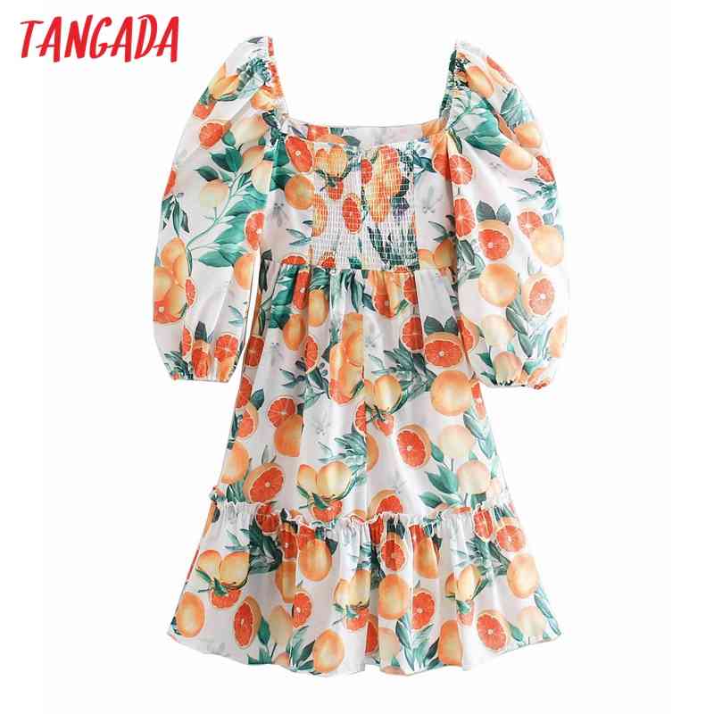 Fashion Women Fruit Print Puff Sleeve Casual Female Summer Knee Dress 2W79 210416