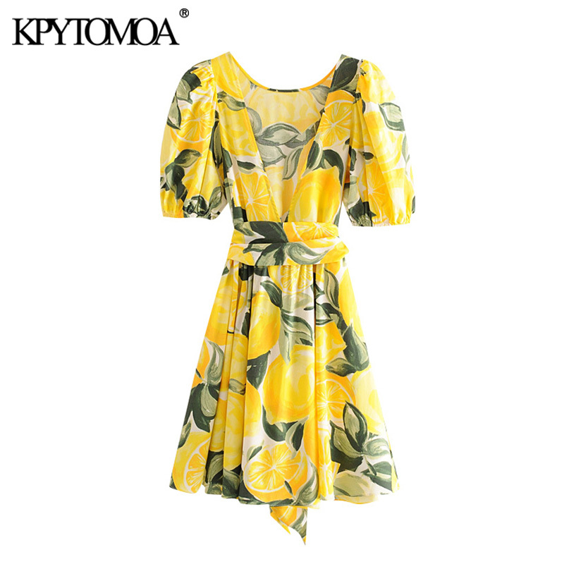 Women Chic Fashion Printed With Belt Mini Dress Backless Puff Sleeves Summer Female Dresses Vestidos Mujer 210420