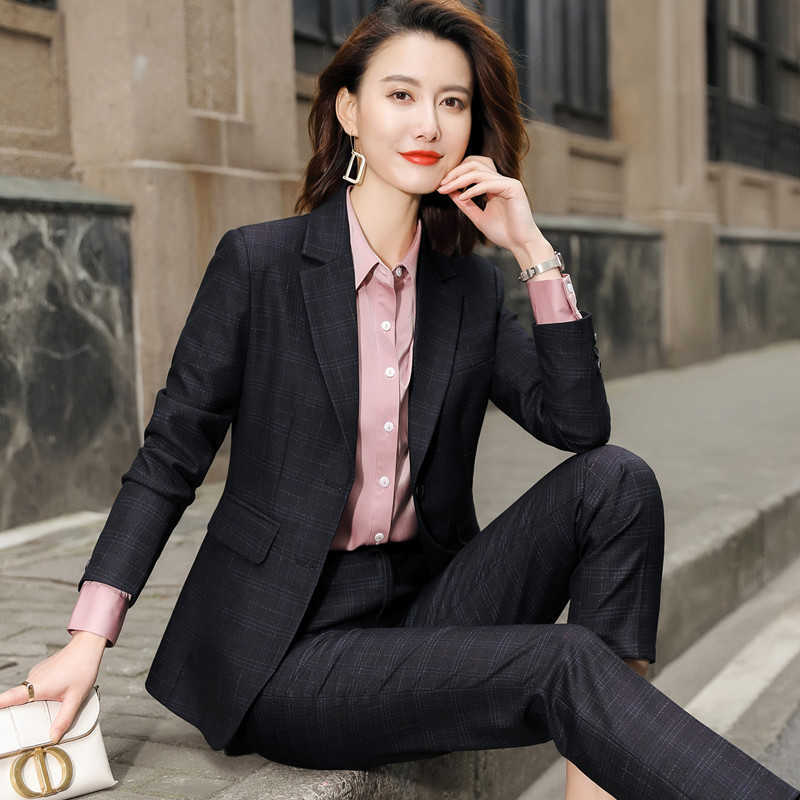 Navy Blue Plaid Suit Higt Eed Formal Interview Business Slim Blazer And Pants Office Ladies Fashion Work Wear Black 210604